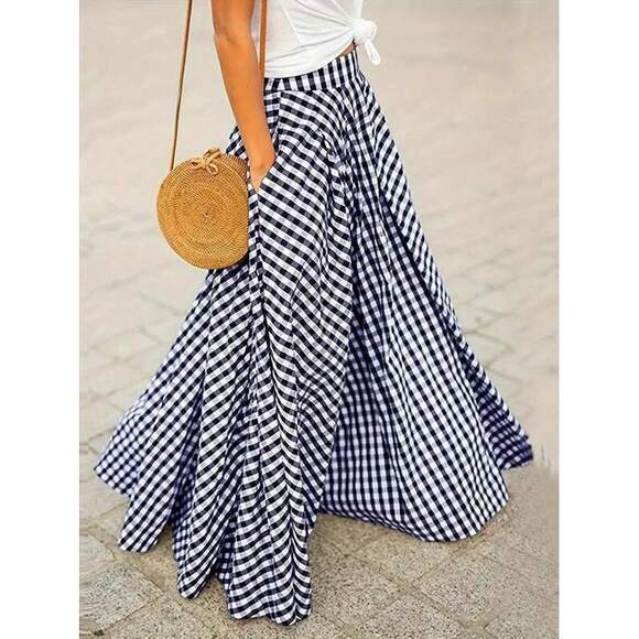 Dresses & Skirts - Women's Elegant Plaid Skirt, High Waist Wide Hem Flowy A-Line Skirt, Spring/Summ